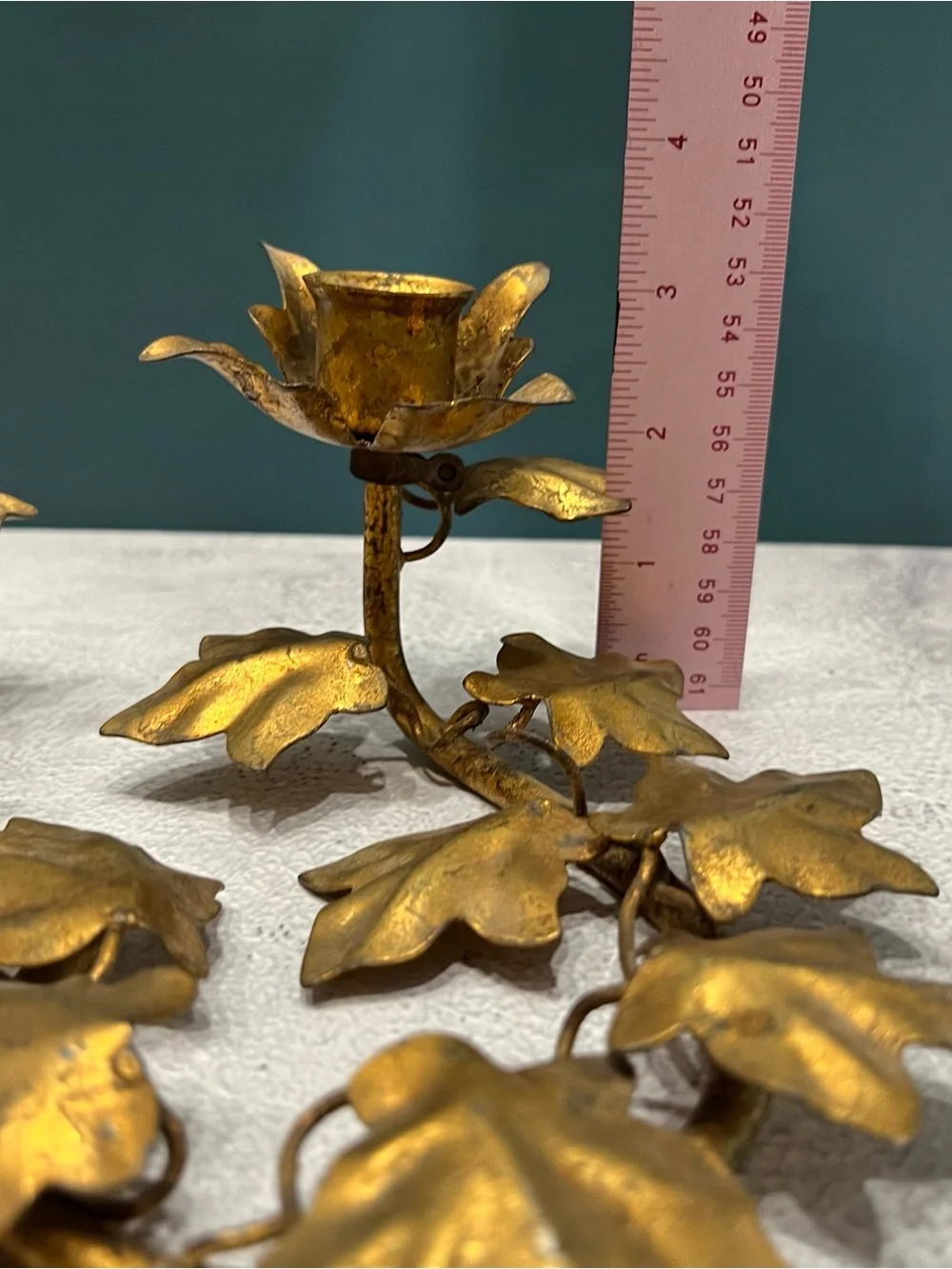 Vintage MCM Italian Gilt Metal Tole Candle Holder Set Ivy Leaf Hollywood Regency